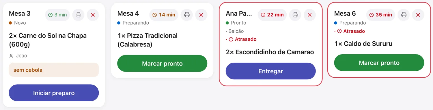Cartões do KDS com Iniciar preparo e Marcar pronto