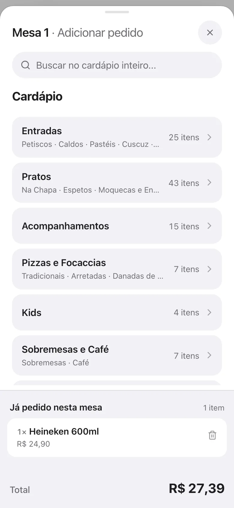 Cardápio do garçom: grupos