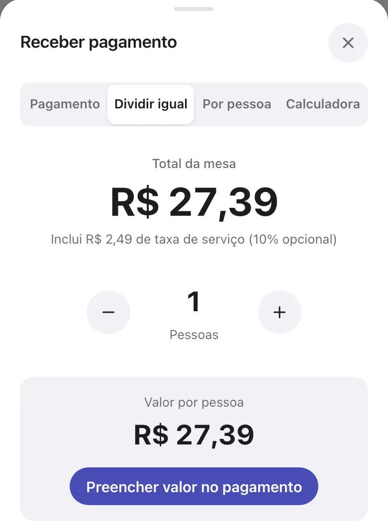 Aba Dividir igual com número de pessoas e valor por pessoa