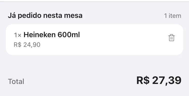 Seção Já pedido nesta mesa com lixeira para remover