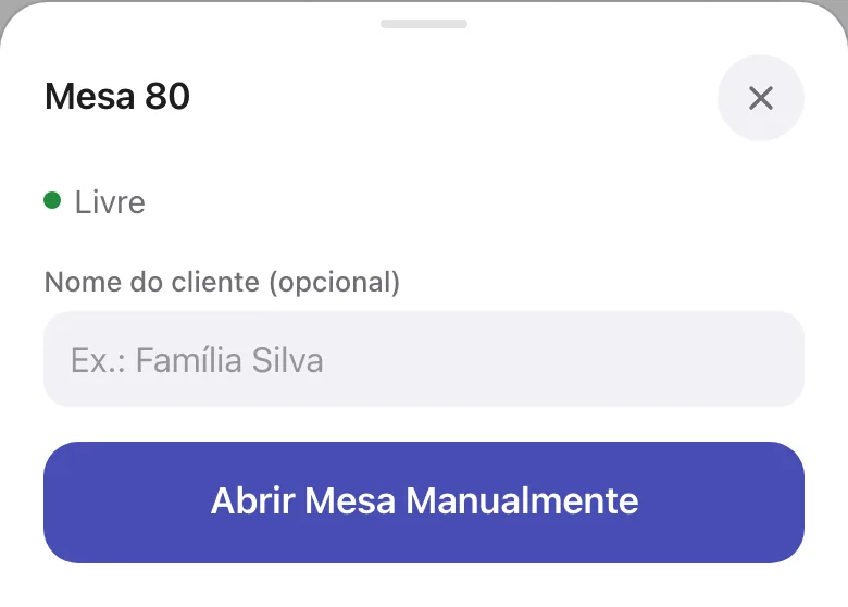Mesa livre com campo Nome do cliente e botão Abrir Mesa Manualmente