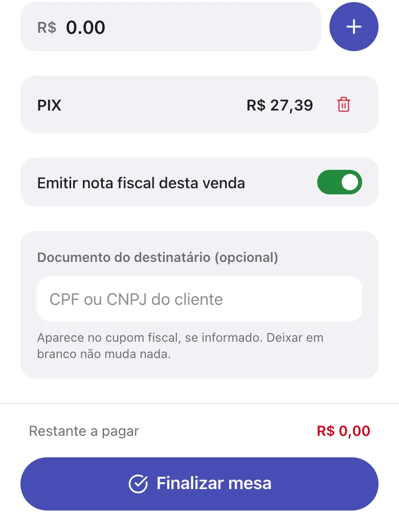Pagamento lançado, Restante a pagar R$ 0,00 e Finalizar mesa ativo