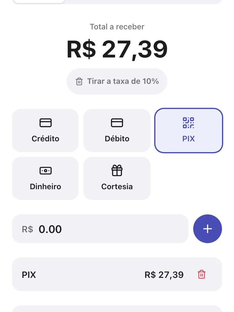 PIX escolhido, botão + e o pagamento lançado na lista