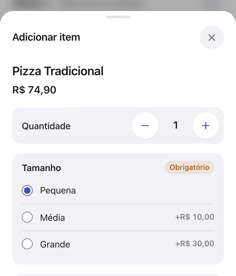 Pizza Tradicional com o tamanho Pequena marcado