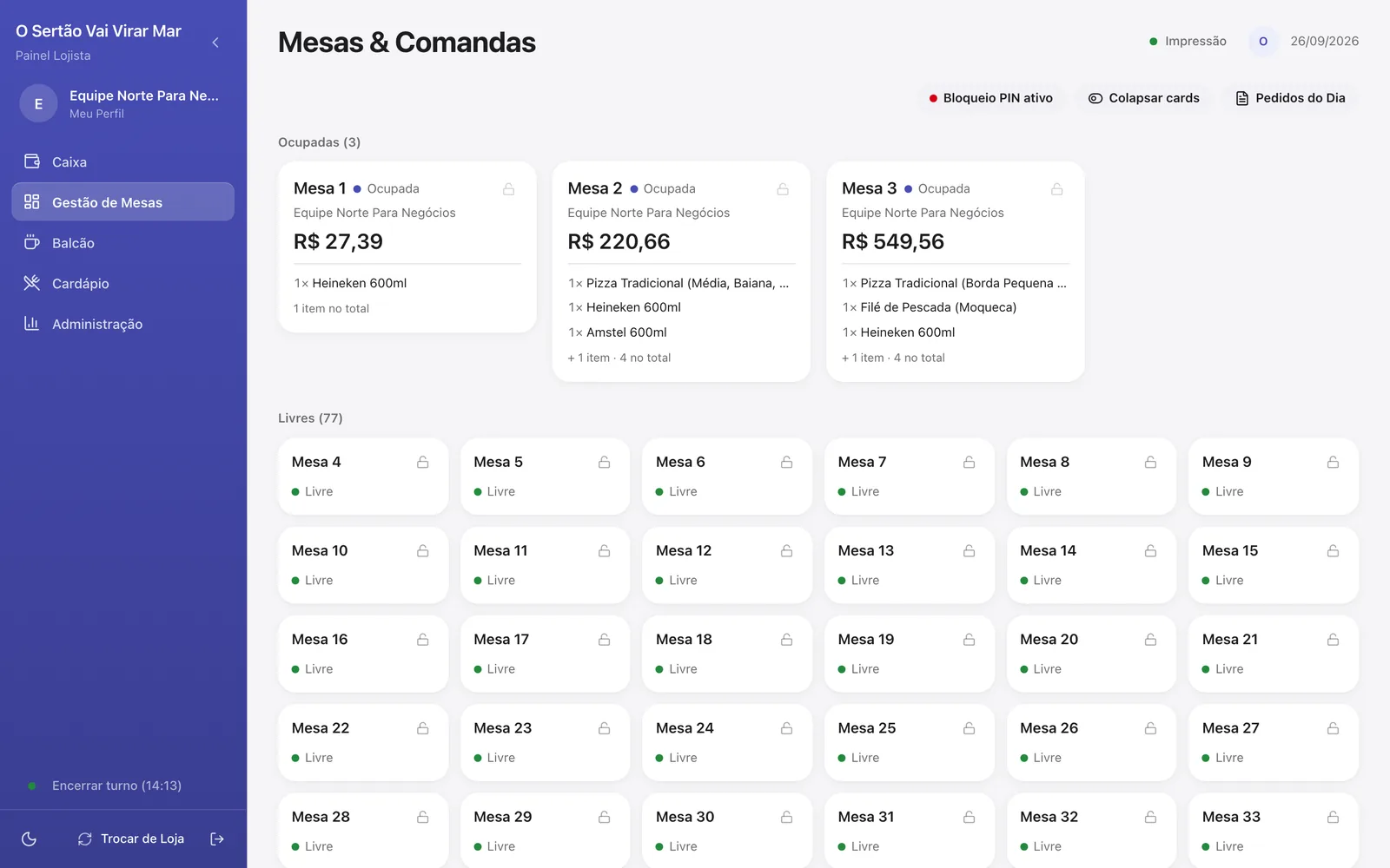Tela Mesas & Comandas no computador