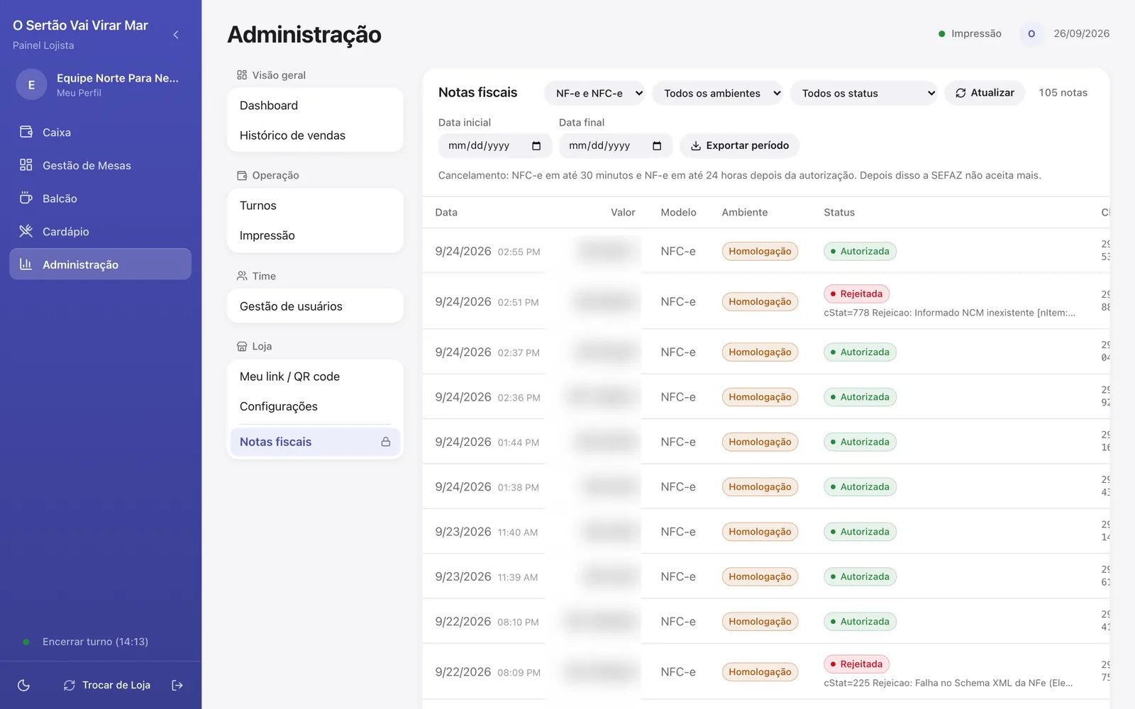 Lista de notas fiscais do Sertão, valores borrados