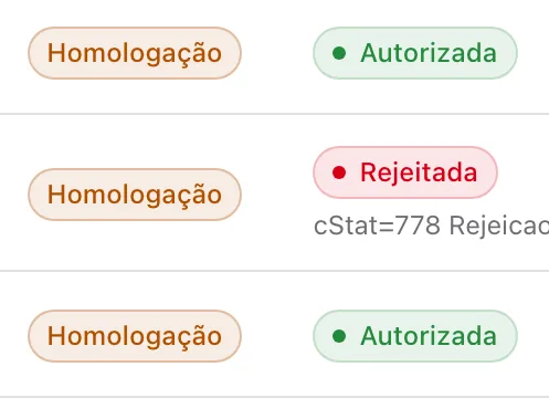 Notas em homologação, autorizadas