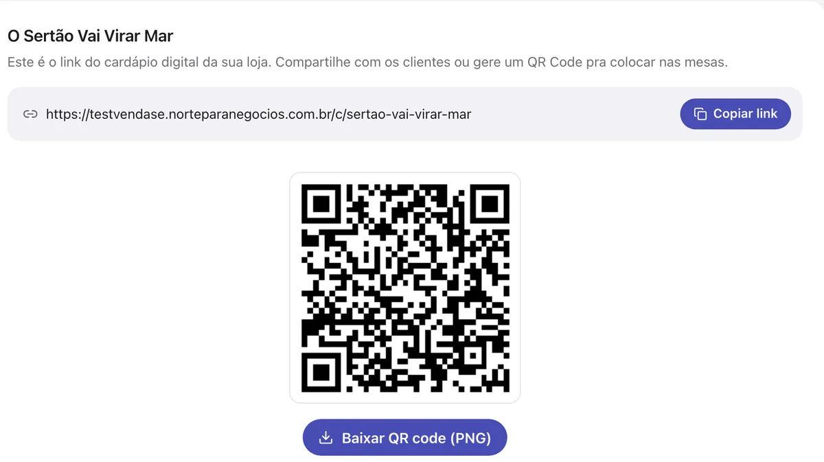 Link e QR code do cardápio da loja